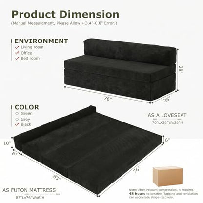5-in-1 Convertible Sofa Bed, Boneless Loveseat with Removable Cushions & Washable Cover, Futon Sofa Bed with Handle, Pull Out Couch for Small Spaces, King Size, Black - color: Black, size: King Size-83''L*76''W
