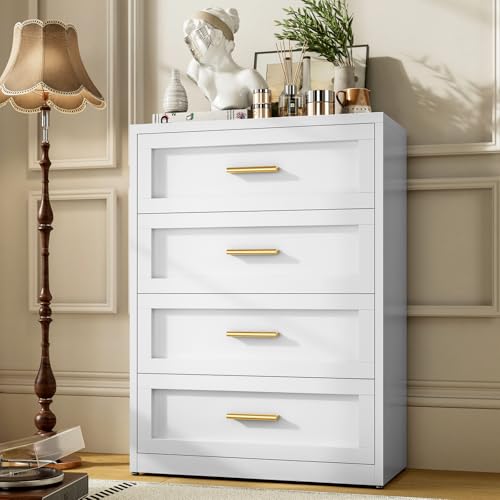 Metal 4-Drawer Dresser for Bedroom, Tall Dressers & Chests of Drawers for Closet Storage, Bedroom Dressers Clothes Storage Organizer, Metal Nightstand with 4 Large Drawers 31.5" White Chest - color: White, size: 4 Metal Drawers