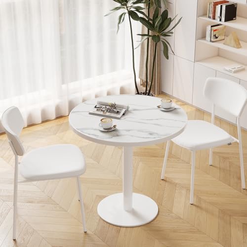 31.5'' Tulip Table, Round Dining Table with Matte Sintered Stone Tabletop | White Aluminum Alloy Edge & Pedestal, Small Bistro Table for Dining Room/Café/Small Spaces/Restaurant (Snow Peak Marble) - color: Snow Peak Marble (White Edge), size: Round