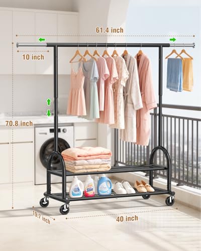 Heavy Duty Clothes Rack for Hanging Clothes Load 556 LBS, Height Adjustable Rolling Clothing Racks, Portable Metal Coat Rack Garment Wardrobe with Wheels and Shelves for Bedroom Laundry, Black - color: Black, style: 2 Shelves