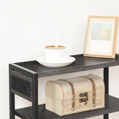 HOOBRO Small Narrow Side Table with Charging Station, Skinny End Table for Small Spaces, Slim Nightstand with USB Ports Outlet, Sofa Beside Table with Storage Shelf, Charcoal Black BC102UBZ01 - color: Charcoal Black + Black