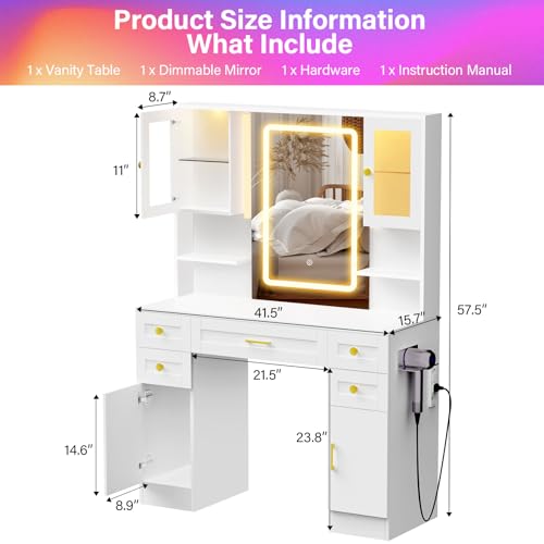 Vanity Desk with Mirror and LED Lights & Power Outlet | Large Makeup Vanity Table with 5 Drawers and 4 Storage Cabinets, White Dressing Table for Bedroom - size: 049 Soft White