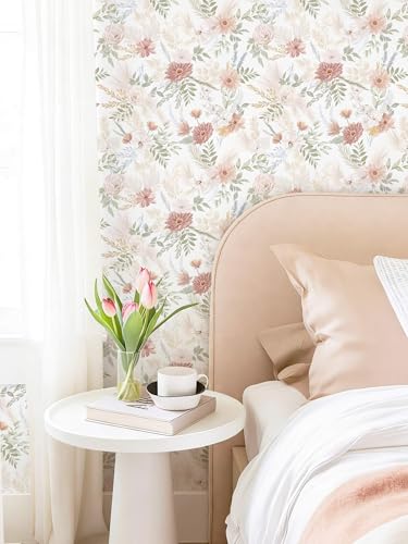 Pink Floral Peel and Stick Wallpaper Modern Beige Contact Paper 17.3''x78.7'' Boho Village Country Cottage Wallpaper Renter Friendly Girls Room Wall Paper for Bathroom Nursery Bedroom Vinyl - color: White-Pink, size: 17.3" x 78.7"