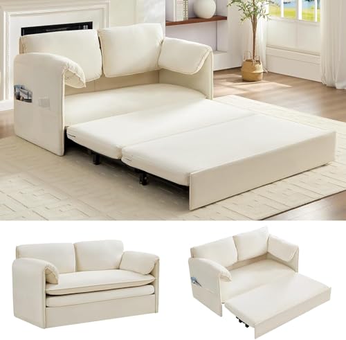 ijuicy 3 in 1 Convertible Sofa Bed, Queen Size Pull Out Sofa Bed -Beige | with 2 Side Pockets & Soft Armrest,60" Velvet Loveseat Sleeper Sofa with 4" Mattress for Living Room Furniture,Small Spaces - color: Beige