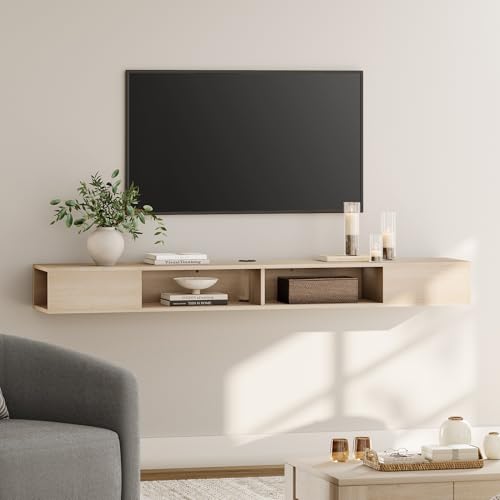WAMPAT 70 inch Floating Entertainment Center, Oak | For TVs Up to 75 inch, Open shelf Storage, Wall Shelf Under TV, Media Console, Living Room - color: Oak
