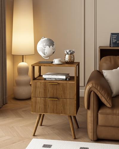 Leomonio Nightstand, Modern Night Stand with 2 Storage Drawer and Opening Storage, Fluted Bedside Table with Solid Wood Legs for Bedroom - color: Walnut Brown