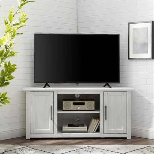 Pemberly Row Modern Rustic Wood Corner TV Stand, 48 in, Whitewash Finish, Fits TVs Up to 50 in, Adjustable Shelving, Cable Management, Antique Brass Hardware, MDF Construction, Living Room - color: Whitewash