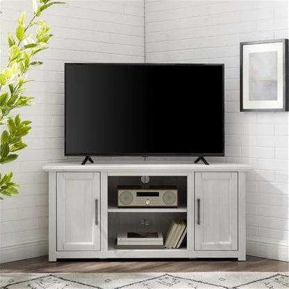 Pemberly Row Modern Rustic Wood Corner TV Stand, 48 in, Whitewash Finish, Fits TVs Up to 50 in, Adjustable Shelving, Cable Management, Antique Brass Hardware, MDF Construction, Living Room - color: Whitewash