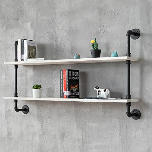 HDDFER Floating Shelves for Wall Bookshelf Industrial Pipe Shelving Shelves Natural Wood Planks 48 inch Rustic Wall Shelves Hanging Bookshelves Farmhouse Kitchen Shelving - color: White, size: 2Tier48in
