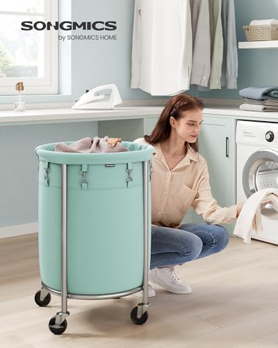 SONGMICS 29-Gallon (110 L) Laundry Basket with Wheels, Rolling Round Heavy-Duty Laundry Hamper Cart with Steel Frame and Removable Bag, 2 Locking Wheels, Mint Green and Metallic Silver URLS002C01 - color: Mint Green + Metallic Silver, size: 110 L (1-Secti