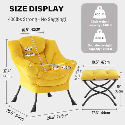 Lazy Chair with Ottoman, Comfy Reading Accent Chair, Velvet Yellow | Foldable Footrest, Padded Seat and Backrest, Side Pocket for Lounging in Living Rooms, Bedrooms, Dorms and Small Spaces - color: Yellow