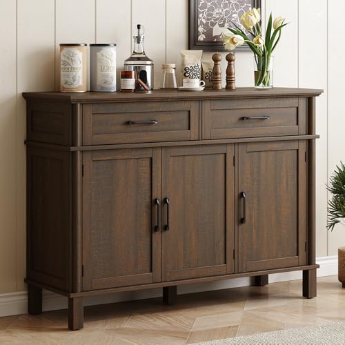 48 Inch Buffet Cabinet with Storage, Farmhouse Sideboard Buffet w/2 Drawers and 3 Doors, Wood Coffee Bar Cabinet with Adjustable Shelves, Sideboard Storage for Kitchen, Living Room, Brown - color: Brown, size: 48 Inch