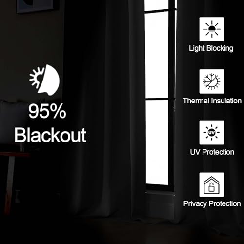 Gwine Black Blackout Curtains for Bedroom 84 inches Long 2 Panels Set, Solid Noise Reducing Thermal Insulated Blackout Curtains for Living Room with Rod Pocket, Each 50" Wx84 L - color: Black, size: 50"W x 84"L (Pack of 2)