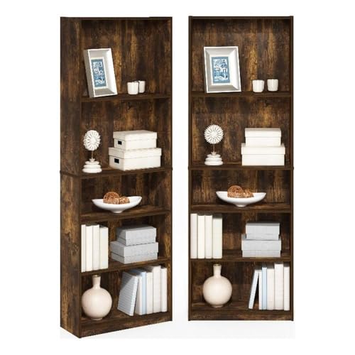 Furinno Jaya Book Shelf Set of 2, 5-Tier Bookshelf, Bookcase, with Adjustable Shelf, 9.5 x 24.5 x 71, for Home Office, Living Room, Amber Pine - color: Amber Pine, size: Set of 2, 5-Tier