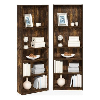Furinno Jaya Book Shelf Set of 2, 5-Tier Bookshelf, Bookcase, with Adjustable Shelf, 9.5 x 24.5 x 71, for Home Office, Living Room, Amber Pine - color: Amber Pine, size: Set of 2, 5-Tier