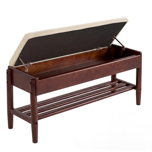 YEPDIN 39.3" Solid Wood Shoe Rack Bench with Flip-Top Storage,2 Tier Shoe Rack Bench with Chenille Cushion,for Entryway, Hallway,Living Room, Bedroom, Closet - color: Walnut