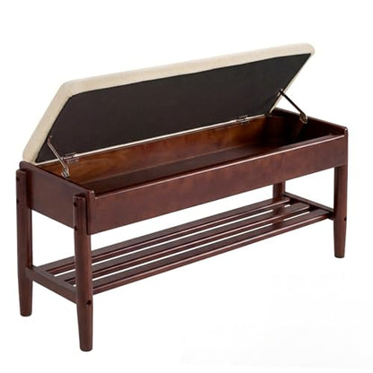 YEPDIN 39.3" Solid Wood Shoe Rack Bench with Flip-Top Storage,2 Tier Shoe Rack Bench with Chenille Cushion,for Entryway, Hallway,Living Room, Bedroom, Closet - color: Walnut