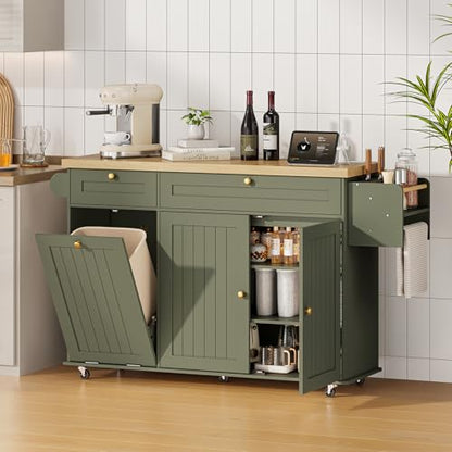 60" Kitchen Island with Power Outlet & Drop Leaf, Rolling Island with Spice Rack & Towel Rack, Kitchen Island Cart with Trash Storage Cabinet, Island Table for Kitchen, Green - color: Green
