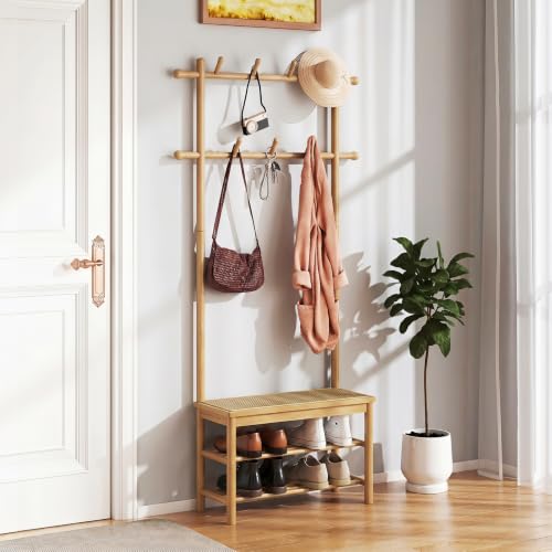 GIANTEX 3-in-1 Hall Tree with Bench and Shoe Storage, 11 Hanging Rods | Bamboo Coat Rack Freestanding w/ PE Rattan Bench & 3-Tier Shoe Rack, Narrow Mudroom Storage Organizer for Entryway Bedroom - color: Natural