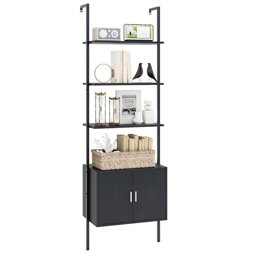 Giantex 72.5" Ladder Bookshelf with Cabinet, 5-Tier Tall Wall-Mounted Shelf w/Storage, Modern Style Kitchen Open Shelving Organizer, Heavy-Duty Metal Frame Display Rack for Living Room,Black - color: Black