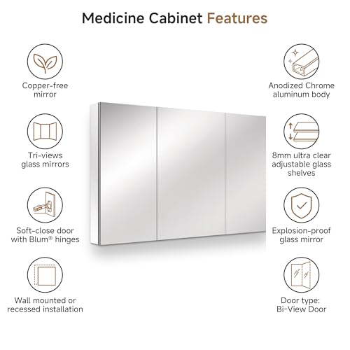 48" x 30" Bathroom Medicine Cabinet with Mirror, Recessed or Wall Mount | Medicine Cabinets with Adjustable Glass Shelves, Soft-Closed Hinge, Chrome Aluminum Frame, Reverse Installation - size: 48" x 30"
