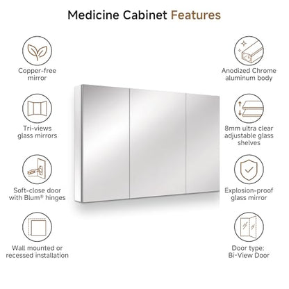 48" x 30" Bathroom Medicine Cabinet with Mirror, Recessed or Wall Mount | Medicine Cabinets with Adjustable Glass Shelves, Soft-Closed Hinge, Chrome Aluminum Frame, Reverse Installation - size: 48" x 30"