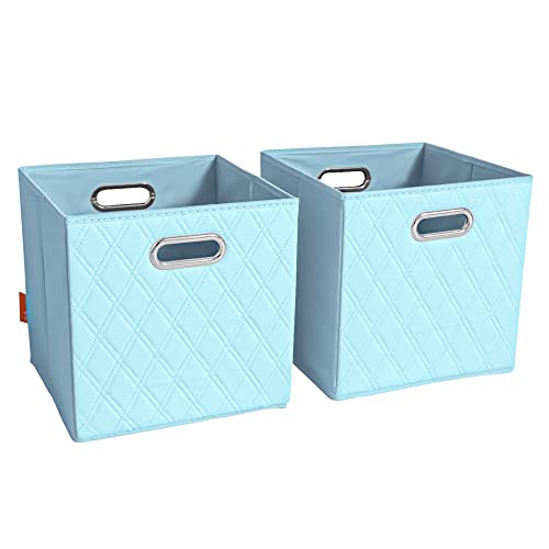 FH Group JIAessentials 12" Faux Leather Foldable Storage Cube Bins Set of 2 – Blue Diamond Patterned Organizers with Handles for Closet & Shelves - color: Blue, size: Medium