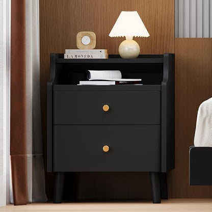 Nightstand with Drawers, 15.7" Solid Wood Side Table for Bedroom, Modern Bedside Table with Pull-Out Tray & Cable Management, Black - color: Black, size: 16"