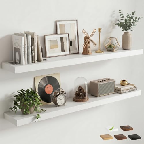 8 inch Deep Floating Shelves for Wall, 55" Wide, White Finish, 2-Pack | Engineered Wood Wall Shelves with Invisible Brackets for Living Room, Bedroom, Bathroom, Office & Kitchen Storage - color: White Finish, size: 55"W x 8"D, 2p