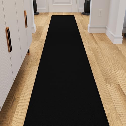 Ottomanson 2x23 Extra Long Hallway Runner Rug – Stair Carpet Runner | 23ft Non-Slip Rugs Runner for Living Room, Bedroom, Entryway – Black Solid Thin Bathroom Floor Mat, 22.5" x 23' - color: Solid Black, size: 1'10" x 23' (22.5" Wide)