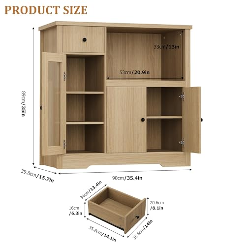 GarveeHome Kitchen Microwave Cabinet with Storage and Drawers, Natural | Modern Small Buffet Cabinet, Glass Doors, Adjustable Shelf, Wooden Sideboard, Wide Top, for Dining Room, Living Room - color: Natural