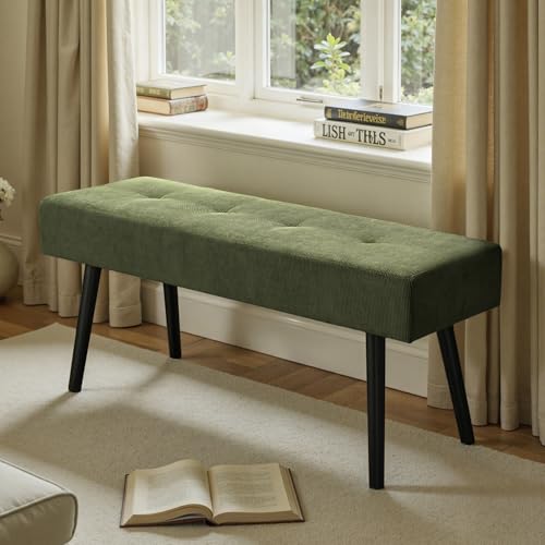 Comfy to go Entryway Bench - Green Bench for Bedroom, Modern Ottoman End of Bed, Corduroy Padded Benches for Living Room, Foyer, Mudroom, Hallway - 39" L x 14" W x 17" H | Corduroy Padded Benches for Living Room, Foyer, Mudroom, Hallway - 39" L x 14" W x