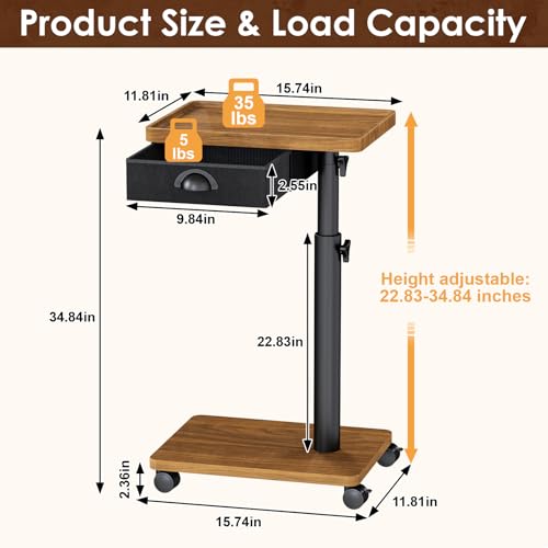 Cutogxon TV Tray Table with Wheels & Drawer,Adjustable Height C Shaped End Table for Eating,End Table with Swivel Top for Small Spaces, Sofa Side Table for Bedroom & Living Room（Walnut Brown）