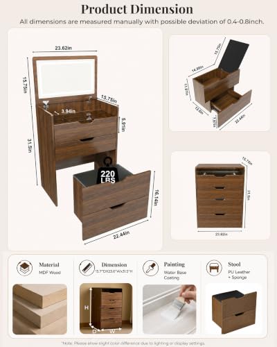 Small Vanity with Mirror and Lights for Small Space, 3-in-1 Compact Makeup Vanity Desk with Storage, Flip Top Vanity Table with Hidden Stool, 3 Color Mode, Drawers & Jewelry Organizer, Mini Vanity Set - color: Walnut+black, size: 23.6"