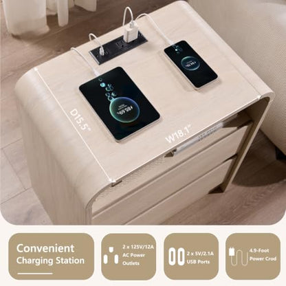 Aitjunz 25" Tall Modern Nightstand with Charging Station, 2 Drawers, Cream | 23.6'' Wide Wood Bedside Table with Curved Profile Design, Large Mid Century End Table for Living Room - color: Cream, size: 1 Piece