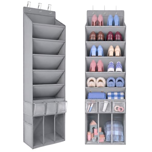 3in1 Over The Door Shoe Organizer with 5 Slanted Compartments,Removable Storage Bin & Transparent Pockets,Thickened Waterproof Oxford Fabric Shoes Rack for Shoes,Boots,Toys,Daily Essentials. (Grey) - color: Grey