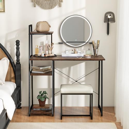Tangkula Computer Desk with Shelves, Space Saving Home Office Desk with 3-Tier Ladder Shaped Storage Bookshelf, Modern Writing Study Desk with Metal Frame, Compact Computer Workstation (Rustic Brown) - color: Rustic Brown