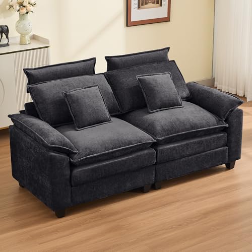 103'' Cloud Modern 3 Seater Couch with Detachable Headrest, Modular Sectional Sofa with Ottoman, Oversized L Shape Chenille Comfy Sofa with Armrests for Living Room, Dark Grey - color: Dark Grey, size: L Shaped Couch