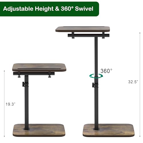 TV Tray Side Table for Couch | 360° Swivel, Adjustable Height Rotating, C Table End Table Laptop Desk, Phone & Tablet Slot - color: Rustic Brown