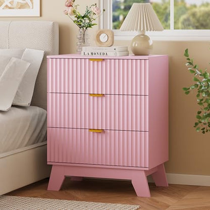 Fluted Nightstand with 3 Large Drawers, Wooden Side End Table with Elevated Legs for Easy Cleaning, Sturdy Modern Beside Table for Small Space, Bedroom, Pink, 24" L - color: Pink