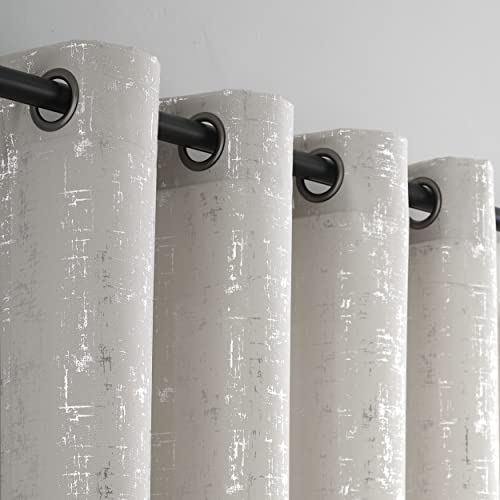 Taisier Home Silver Foil Print Linen Textured Curtains Geometric Dots Pattern Design Curtains for Nursery Toy Room Thermal Insulated Window Treatment 2 Panels 45" L,Beige and Silver Drapes Print - color: Greyish Beige/Silver, size: 52"W x 45"L (Pack of 2)