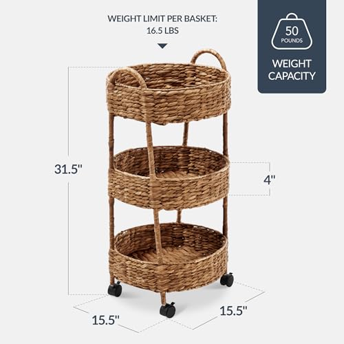 Best Choice Products 3-Tier Round Rolling Nursery Caddy w/Wheels, Handwoven Utility Cart, Storage Organization for Bathroom, Craft Room, Laundry Room - Chestnut - color: Chestnut