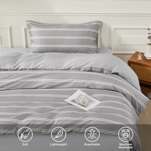 SAPHREAS Boy Gray Stripes Duvet Cover Set Twin Size 2pcs Dark Grey Streak Bedding Comforter Cover Set 1 Duvet Cover 1 Pillow Sham - color: Light Gray, size: Twin (68"x90")