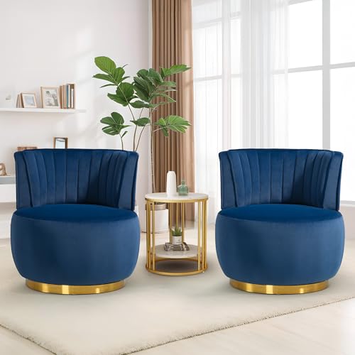 SLEERWAY 360° Swivel Barrel Chair Set of 2, Modern Velvet Round Accent Chair, Comfy Upholstered Small Armchair with Gold Metal Base for Living Room Bedroom Nursery Office Sillas para Sala, Navy Blue - color: Navy, size: 25.2" W