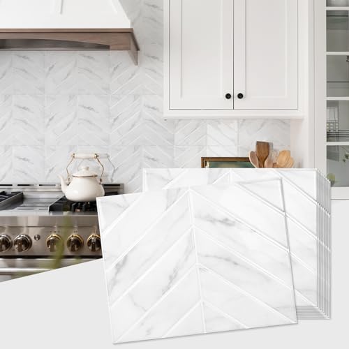 STICKGOO Herringbone Peel and Stick Backsplash, White Marble, 10 Sheets | 12.6 x 9.7 in, Thicker Rectangular Vinyl Stick-On Wall Tiles, Easy Alignment, Waterproof, Easy to Clean, Kitchen/Bathroom - color: White Marble, size: Pack of 10