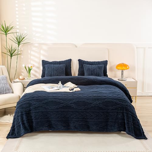 YUSOKI Sherpa Fleece Queen Size Blanket, Navy Blue, 90"x90" | 3D Stylish Design,320GSM, Non-Shedding, Lightweight for All Season Use, stays fluffy after repeated washes, Perfect Gifts - color: Navy-(without Pillows), size: Queen (90" x 90")