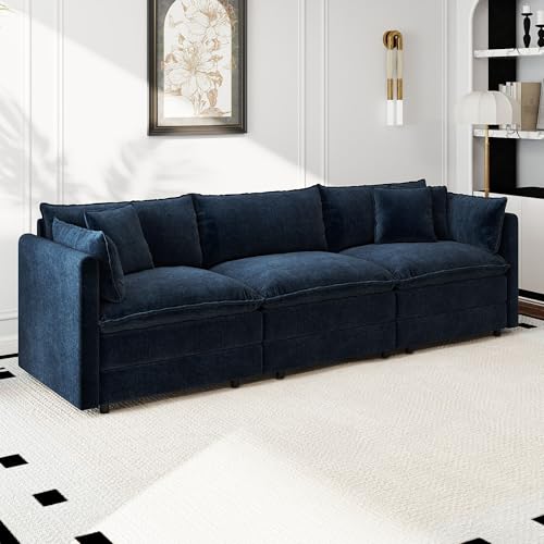 Aoowow Modular Sectional Sofa,112.2 Inch Deep 3-Seater Sofas Comfy Chenille Cloud Sofas and Couches with Pillows for Living Room Apartment（Blue） - color: Blue, size: 3 Seat