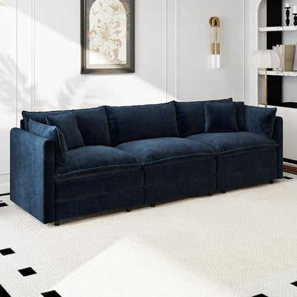 Aoowow Modular Sectional Sofa,112.2 Inch Deep 3-Seater Sofas Comfy Chenille Cloud Sofas and Couches with Pillows for Living Room Apartment（Blue） - color: Blue, size: 3 Seat