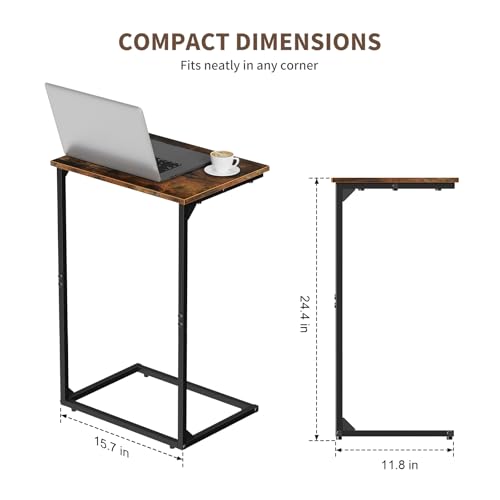 Couch Side Table, 24.4" H C Shaped End Table Set of 2 | Sturdy TV Trays That Slide Under Sofa, Space-Saving Laptop Desk for Living Room Bedroom & Small Spaces, Rustic Brown