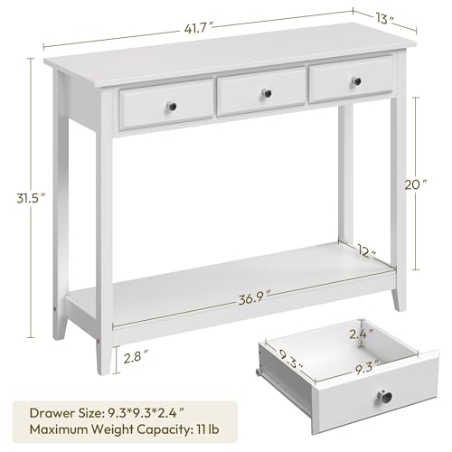 Yaheetech 42 Inch Narrow White Sofa Console Table with 3 Drawers and Shelf | White Entry Table for Living Room, Hallway and Entryway, Painted MDF, 13.5-Inch Slim Depth, 55 lb Top, Drawers Hide Clutter - color: White